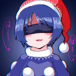  1girl anaglyph black_dress blindfold blue_hair blush capelet doremy_sweet dress hat head_tilt heart heart-shaped_pupils heavy_breathing hex_aaaane looking_at_viewer nightcap pom_pom_(clothes) pov shaded_face solo sweat symbol-shaped_pupils touhou upper_body 