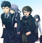  1boy blue_eyes bow bowtie braid brown_hair closed_eyes dangan_ronpa dangan_ronpa_kirigiri glasses hair_ribbon kirigiri_jin kirigiri_kyouko long_hair multiple_girls okuragon piggyback purple_hair ribbon samidare_yui school_uniform short_hair uozumi_taehime 