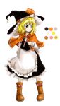  1girl apron blonde_hair blush boots capelet dress full_body hat huyusilver kirisame_marisa long_sleeves oota_jun&#039;ya_(style) palette parody smile solo star style_parody touhou waist_apron wavy_hair witch_hat yellow_eyes 