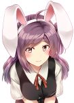  1girl ahoge animal_ears black_vest blouse blush breasts brown_eyes buttons closed_mouth collared_shirt eyebrows eyebrows_visible_through_hair fake_animal_ears hagikaze_(kantai_collection) hairband highres kamelie kantai_collection long_hair looking_at_viewer medium_breasts neck_ribbon pink_lips pocket purple_hair rabbit_ears red_ribbon ribbon school_uniform shirt short_sleeves side_ponytail simple_background smile solo vest white_background white_blouse white_shirt wing_collar 
