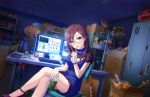  1girl artist_request blue_eyes brown_hair computer crossed_legs cup dutch_angle finger_to_mouth glasses idolmaster idolmaster_cinderella_girls idolmaster_cinderella_girls_starlight_stage long_hair official_art sitting solo yagami_makino 