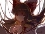  1girl alternate_eye_color ascot bangs bare_shoulders bow brown_hair detached_sleeves dress hair_bow hair_ornament hair_tie hakurei_reimu hands_together hands_up interlocked_fingers juine long_hair looking_at_viewer red_dress red_eyes red_ribbon ribbon sidelocks solo touhou upper_body 