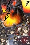  6+girls akagi_(kantai_collection) bangs brown_hair close-up comic damaged elbow_gloves explosion firing fubuki_(kantai_collection) giantess glasses gloves glowing glowing_eyes hair_ribbon hairband hand_on_own_arm haruna_(kantai_collection) headgear hidden_eyes hiryuu_(kantai_collection) hisahiko hiyou_(kantai_collection) holding holding_weapon jacket japanese_clothes jintsuu_(kantai_collection) kantai_collection kimono kirishima_(kantai_collection) kongou_(kantai_collection) long_hair multiple_girls nagato_(kantai_collection) open_mouth parted_bangs ribbon rigging shikigami shinkaisei-kan short_hair southern_ocean_war_oni torn_clothes translation_request turret twintails weapon white_jacket wide-eyed yumi_(bow) 