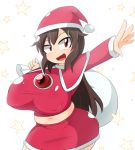  1girl :d belly blush breasts brown_hair capelet carrying commentary covered_nipples hat huge_breasts long_hair looking_at_viewer manorea midriff navel no_wings open_mouth outstretched_arm over_shoulder plump red_eyes reiuji_utsuho sack santa_costume santa_hat shoulder_carry smile solo star third_eye touhou undersized_clothes very_long_hair 