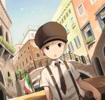  1boy bird building dutch_angle hat italian_flag looking_at_viewer male_focus necktie noeyebrow_(mauve) open_mouth original outdoors sky solo suspenders 
