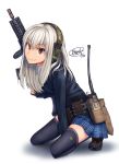  1girl black_eyes dreadtie gun headphones highres kneeling long_hair original radio signature silver_hair simple_background solo thigh-highs uniform weapon 