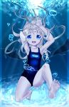  1girl air_bubble barefoot blue_eyes breath diving dolphin freediving happy holding_breath long_hair open_mouth school_swimsuit swimming swimsuit underwater water 