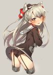  1girl amatsukaze_(kantai_collection) ass black_panties blush brown_eyes choker cropped_legs dress garter_straps grey_background hairband hands_on_own_chest hat kantai_collection leaning_forward long_hair mini_hat moriki open_mouth panties sailor_dress short_dress side-tie_panties silver_hair simple_background solo sweatdrop thigh-highs twitter_username two_side_up underwear wavy_mouth 