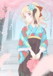  1girl ayase_eli blonde_hair blue_eyes cherry_blossoms frapowa japanese_clothes kimono long_hair love_live! love_live!_school_idol_project ponytail smile solo 