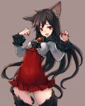  1girl adapted_costume animal_ears blush brooch brown_hair chobi_(sakuyasakuhana) cowboy_shot dress grey_background imaizumi_kagerou jewelry long_hair long_sleeves looking_at_viewer nail_polish open_mouth red_dress red_eyes short_dress simple_background smile solo standing touhou wolf_ears 
