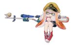  1girl bangs bike_shorts bird black_shorts blunt_bangs domino_mask e-liter_3k_(splatoon) fangs hat inkling letterman_jacket lip_(lih8) long_hair long_sleeves mask military_hat orange_eyes orange_hair peaked_cap pointy_ears red_shoes scope shoes shorts simple_background single_vertical_stripe sitting sneakers solo splatoon tentacle_hair white_background 