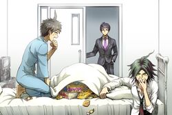  3boys ahoge bed black_hair brown_hair candy chips covering covering_mouth dangan_ronpa dangan_ronpa/zero formal green_eyes hand_in_pocket hinata_hajime hospital_bed hospital_gown kirigiri_jin kneeling loose_necktie male_focus manga_(object) matsuda_yasuke multiple_boys necktie on_bed opening_door purple_hair purple_necktie short_hair suit super_dangan_ronpa_2 sweat violet_eyes wrapped_candy youko-shima 