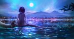 00 1girl barefoot black_hair blurry branch cat city city_lights clouds dark depth_of_field dragonfly full_moon highres insect looking_afar moon moonlight mountain night nightgown original reflection scenery short_hair sitting sky solo water 