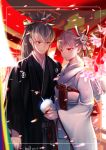  1boy 1girl alternate_costume black_kimono blush cherry_blossoms couple dated female_my_unit_(fire_emblem_if) fire_emblem fire_emblem_if flower grey_hair hair_between_eyes hair_flower hair_ornament hair_ribbon japanese_clothes kero_sweet kimono long_hair my_unit_(fire_emblem_if) petals pointy_ears ponytail red_eyes ribbon takumi_(fire_emblem_if) teardrop wide_sleeves 