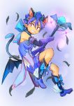  1boy animal_ears blue_hair blush boots bow cat_ears demon_boy demon_tail demon_wings elbow_gloves geetgeet gloves grin horns magical_girl male_focus mini_wings open_mouth pointy_ears pop-up_story short_hair smile solo tail violet_eyes wand wings ziz_glover 
