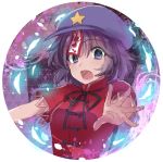  1girl artist_name asa_(coco) beret black_ribbon blue_eyes chinese_clothes eyebrows eyebrows_visible_through_hair flat_cap foreshortening hat jiangshi looking_at_viewer miyako_yoshika neck_ribbon ofuda open_mouth outstretched_arms purple_hair red_shirt ribbon saliva shirt short_hair short_sleeves solo star touhou upper_body zombie_pose 
