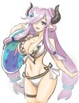  1girl :d bikini blue_eyes breasts cleavage collarbone cowboy_shot doraf frilled_bikini frills granblue_fantasy groin hair_ornament hair_over_one_eye horns innertube jonylaser large_breasts lavender_hair long_hair looking_at_viewer low-tied_long_hair low_twintails narumeia_(granblue_fantasy) navel open_mouth pointy_ears sidelocks smile solo stomach swimsuit thigh_strap twintails very_long_hair white_background white_bikini 