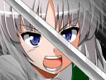  &gt;:o :o blue_eyes honda_takaharu jpeg_artifacts katana konpaku_youmu lowres open_mouth portrait short_hair silver_hair sword touhou weapon 