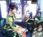  1girl armband backlighting belt black_hair bloom blue_eyes breasts commentary_request gloves ground_vehicle hat lever looking_at_viewer medium_breasts nose_shade original pouch short_hair sitting skirt smile solo speaker sweat sweatdrop train train_conductor train_interior vania600 
