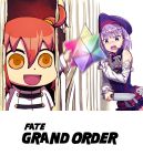  2girls :d ahoge bare_shoulders belt blush detached_sleeves dress fate/grand_order fate_(series) female_protagonist_(fate/grand_order) flat_chest hat helena_blavatsky_(fate/grand_order) here&#039;s_johnny! holding holding_knife knife long_sleeves matsuryuu multiple_girls open_mouth orange_hair parody purple_hair riyo_(lyomsnpmp)_(style) short_hair side_ponytail sleeveless sleeveless_dress smile strapless strapless_dress teeth the_shining thigh-highs violet_eyes weapon yellow_eyes 