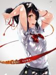  adjusting_hair black_hair black_skirt blush copyright_name hair_ribbon highres kimi_no_na_wa looking_at_viewer maki_(maki_pei) miyamizu_mitsuha open_mouth red_ribbon ribbon school_uniform skirt smile tassel tying_hair upper_body yellow_eyes 