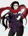  1girl black_hair blue_eyes breasts cleavage contrapposto earrings elbow_gloves gloves highres hoop_earrings jewelry jojo_no_kimyou_na_bouken lipstick lisa_lisa long_hair looking_to_the_side makeup muragi pantyhose purple_gloves red_lipstick red_scarf scarf smile solo 