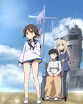  3girls aircraft_carrier black_hair blonde_hair brown_hair clenched_hands clouds flag frown glasses hands_on_lap highres kaneko_(novram58) long_hair looking_at_another looking_away military military_vehicle miyafuji_yoshika multiple_girls perrine_h_clostermann sakamoto_mio ship short_hair sitting sky strike_witches swimsuit swimsuit_under_clothes uniform warship watercraft wheelchair world_witches_series 