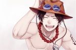  1boy black_hair freckles hat jewelry male_focus necklace one_piece portgas_d_ace shirtless short_hair smile solo tattoo too_mizuguchi 