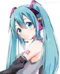  1girl aqua_eyes aqua_hair blush detached_sleeves hatsune_miku headphones long_hair looking_at_viewer simple_background snowmi solo twintails vocaloid white_background 