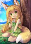  1girl :d animal_ears bare_shoulders blonde_hair blue_sky breasts clouds collarbone day dress eyebrows eyebrows_visible_through_hair fox_ears fox_tail green_dress green_eyes hair_twirling horizon insect kitsune ladybug layered_dress long_hair looking_at_viewer ocean open_mouth original outdoors ribbon-trimmed_clothes ribbon_trim round_teeth sitting sky sleeveless sleeveless_dress small_breasts smile solo sunlight tail teeth tree u_rin under_tree wariza wrist_cuffs 