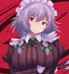  1girl albino alternate_breast_size bow braid breast_hold breasts gloves green_bow green_ribbon hair_bow head_tilt izayoi_sakuya knife large_breasts long_sleeves looking_at_viewer maid maid_headdress neck_ribbon parted_lips red_eyes ribbon shirt short_hair silver_hair solo striped striped_shirt touhou twin_braids uchisukui upper_body vertical-striped_shirt vertical_stripes white_gloves 