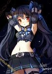  1girl armpits bare_shoulders black_hair blush breasts cleavage hair_ornament hamster_(hanmster) highres long_hair looking_at_viewer navel neptune_(series) noire open_mouth red_eyes ribbon solo twintails 