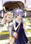  ! 2girls ? bag blonde_hair blue_eyes blush breasts casual chef_no_kimagure_salad finger_to_chin handbag highres long_hair multiple_girls new_game! open_mouth purple_hair sakura_nene small_breasts suzukaze_aoba twintails violet_eyes 