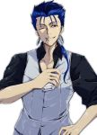  1boy blue_hair casual cigarette cu_chulainn_(fate/grand_order) earrings fate/stay_night fate_(series) grin hand_on_hip hoop_earrings jewelry lancer long_hair nasuhara_(paranas1995) one_eye_closed ponytail red_eyes sleeves_pushed_up smile solo vest 