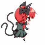  1girl :d animal_ears black_bow bow braid cat_ears cat_tail chibi dress fang from_side full_body green_dress hair_bow honda_takaharu jpeg_artifacts kaenbyou_rin looking_away lowres multiple_tails nekomata open_mouth profile red_eyes redhead smile solo tail touhou twin_braids white_background 