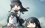  3girls ^_^ akatsuki_(kantai_collection) animalization bear black_hair box chikuma_(kantai_collection) closed_eyes commentary dated flat_cap hair_tubes hamu_koutarou hat highres kantai_collection long_hair mizuho_(kantai_collection) multiple_girls neckerchief school_uniform serafuku sky 