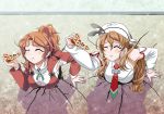  2girls ^_^ aquila_(kantai_collection) armpits brown_hair closed_eyes commentary_request cracked_wall curly_hair detached_sleeves eating food hair_ornament hairclip headgear holding kabe_ni_hamatte_ugokenai! kantai_collection littorio_(kantai_collection) long_hair multiple_girls necktie parody pizza ponytail sparkle stuck through_wall tk8d32 translation_request 