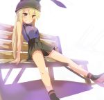  1girl absurdres armadillo-tokage bench blonde_hair breasts brown_eyes grin hat high_heels highres kantai_collection long_hair shimakaze_(kantai_collection) sitting skirt smile solo 