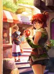  1girl 2015 2boys apple artist_name awning barrel black_shorts cat eating el_(mushboom) food fruit highres holding holding_food hood hood_down multiple_boys original outdoors plant potion pouch red_eyes redhead robe shorts sign stairs storefront 