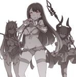  3girls bikini blade_(galaxist) blood blood_on_face blue_eyes breasts cleavage dress fate/grand_order fate_(series) gauntlets gloves greyscale hands_together horns lancer_(fate/extra_ccc) long_hair looking_at_viewer medb_(fate/grand_order) medium_breasts monochrome multiple_girls navel pink_eyes polearm riding_crop saint_martha sidelocks simple_background smile spear spot_color swimsuit thigh_strap tiara weapon white_background 