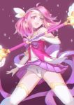  1girl ahoge bow choker chromatic_aberration earrings elbow_gloves feng_dai_hr frilled_panties frills gloves groin holding_wand jewelry league_of_legends luxanna_crownguard magical_girl miniskirt open_mouth panties pantyshot pantyshot_(standing) pink_hair pleated_skirt purple_bow purple_choker purple_skirt skirt smile standing star star_earrings thigh-highs thighs underwear upper_body wand white_gloves white_legwear white_panties wind wind_lift 