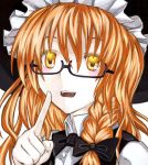 1girl acrylic_paint_(medium) bespectacled blonde_hair bow bowtie braid glasses hair_bow hat high_contrast index_finger_raised kabaji kirisame_marisa long_hair looking_at_viewer portrait semi-rimless_glasses side_braid solo touhou traditional_media under-rim_glasses witch_hat yellow_eyes 