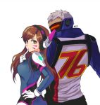  1boy 1girl bangs bodysuit breasts brown_hair cowboy_shot d.va_(overwatch) face_mask facepaint facial_mark finger_to_mouth from_behind gloves hand_on_hip headphones jacket long_hair long_sleeves looking_at_viewer looking_back looking_to_the_side mask medium_breasts melting_(youyoutoktok) overwatch pilot_suit scar short_hair shoulder_pads signature simple_background skin_tight soldier:_76_(overwatch) swept_bangs visor whisker_markings white_background white_gloves white_hair 