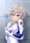  1girl anastasia_(idolmaster) ayanami_rei ayanami_rei_(cosplay) blue_eyes bodysuit breasts cosplay highres idolmaster idolmaster_cinderella_girls ikemura_hiroichi neon_genesis_evangelion plugsuit short_hair silver_hair solo 