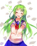  1girl closed_eyes giving green_hair heart highres letter letters long_hair midori_gurin_(yandere_simulator) open_mouth outstretched_arms school_uniform serafuku yandere_simulator 