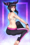  1girl alternate_costume ass back black_hair drill_hair glowing glowing_eye han_juri looking_at_viewer sitting smile solo spewing_mews street_fighter street_fighter_v toeless_legwear toes twin_drills violet_eyes 