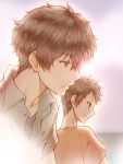  2boys black_hair bluez brown_eyes brown_hair casual fukube_satoshi green_eyes hyouka male_focus multiple_boys oreki_houtarou profile short_hair 