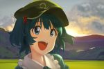  1girl blue_eyes blue_hair clouds grass hair_bobbles hair_ornament happy hat hill kawashiro_nitori looking_at_viewer open_mouth portrait shiratama_(hockey) short_hair short_twintails sky smile solo sunlight sunrise touhou twintails 