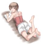  1girl barefoot blush brown_hair casual highres legs_up looking_back lying on_stomach original short_hair shorts sketch soles souji_kurokawa tank_top writing 