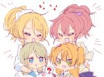  4girls ayase_arisa ayase_eli blonde_hair blue_eyes chibi closed_eyes crossover green_eyes idolmaster idolmaster_cinderella_girls jougasaki_mika jougasaki_rika long_hair love_live! love_live!_school_idol_project mope multiple_girls pink_hair ponytail school_uniform scrunchie siblings sisters 